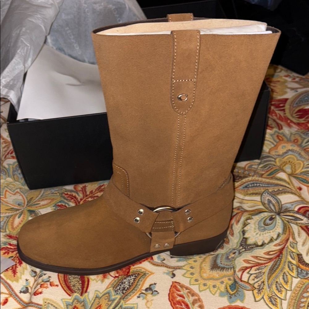 Coach Brown Suede Tara Moto Pull-On Harness Biker Boots NIB - Picture 3 of 7